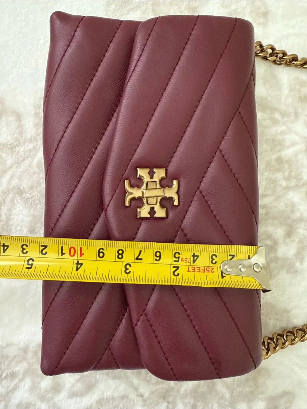 TORY BURCH Kira Chevron Quilted Leather Chain Strap Crossbody Bag in Burgundy